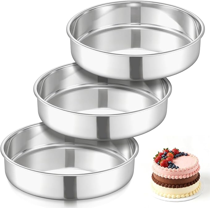 E-far 9 Inch Cake Pan Set of 3, Stainless Steel Round Cake Baking Pans, Non-Toxic & Healthy, Mirror Finish & Dishwasher Safe