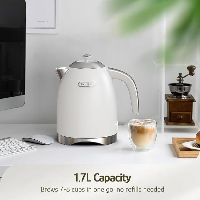 Hazel Quinn Electric Kettle - 1.7 Liters (57oz) Stainless Steel Water Kettle, BPA-Free Interior, 1200W Fast Boiling, Cordless, Rotational Base - Pearl White