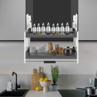 White Glass Pull-Down Shelf for Cabinets Pull Down Heavy Duty Shelf Organizer 2-Tier Space Saver 26.5lbs Capacity Easy-Access Storage Rack for Spices & Utensils