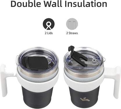 Konokyo 10 oz Tumbler with Handle and 2 Straw 2 Lid, Insulated Water Bottle Stainless Steel Vacuum Cup Reusable Travel Mug,Day Night