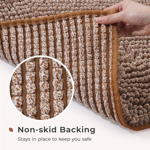 FRESHMINT Chenille Bath Rugs Extra Soft and Absorbent Microfiber Shag Rug, Non-Slip Runner Carpet for Tub Bathroom Shower Mat, Machine-Washable Durable Thick Area Rugs (Caramel Heather, 24" x 17")