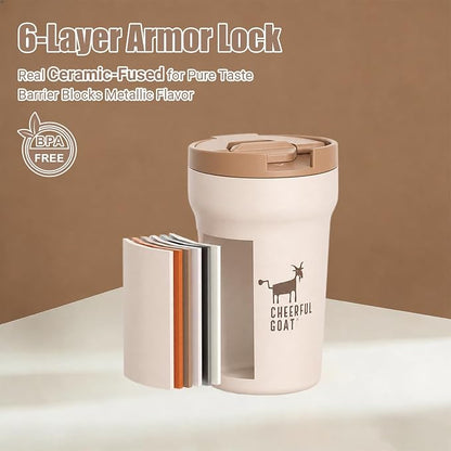 CHEERFUL GOAT Ceramic Lined Coffee Mug – Stainless Steel Travel insulated Tumbler with Ceramic Liner, with lid 12oz Leak Proof Cup for Hot and Cold Water Coffee at Home, Office, or In the Car (Coffee)