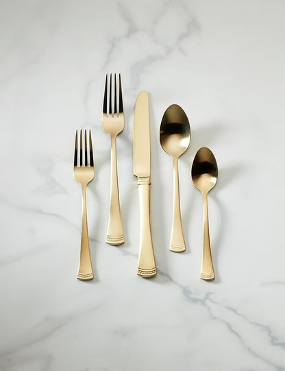 Lenox Silverware Set For 12, Portola Gold 20-Piece Flatware Set, Service For 4, Dishwasher Safe 18/10 Stainless Steel Silverware, Elegant Gold Satin Finish, Knives Spoons and Forks (Golden 20 Piece)