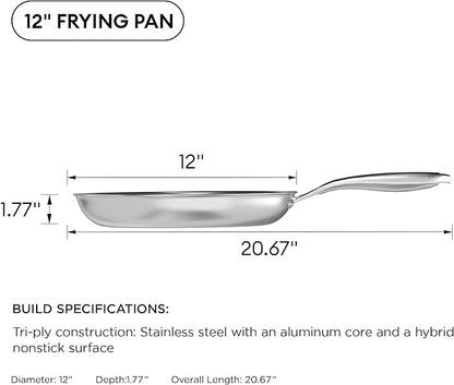 COOKER KING 12-Inch Stainless Steel Pan, Hybrid Nonstick Frying Pan – 3-Ply Clad Cookware, Healthy & Non-Toxic, Dishwasher & Oven Safe, Stay-Cool Handle, Induction Compatible – Metal Utensil Safe