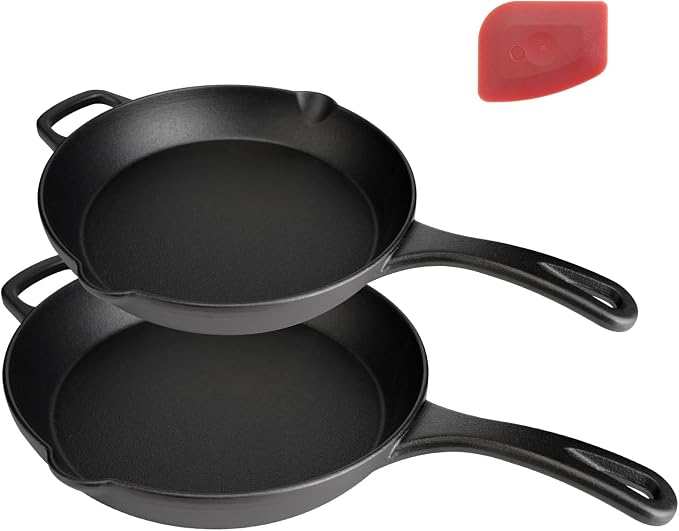 Cast Iron Skillet Set 10" + 12", Family Size | 10" everyday + 12" family skillets. ~12.5 lbs total - full-weight cast iron. No lids. Dual pour spouts. Induction safe.