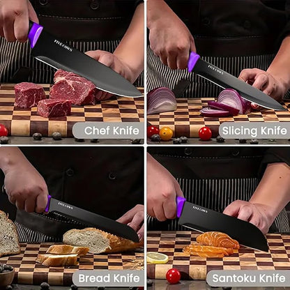 14 Pcs Kitchen Knife Block Set with Sharpener German High Carbon Stainless Steel Chef Knives, Razor-Sharp & Durable, Lightweight Anti-Slip Handle, Professional Set for Home & Kitchen (Purple)