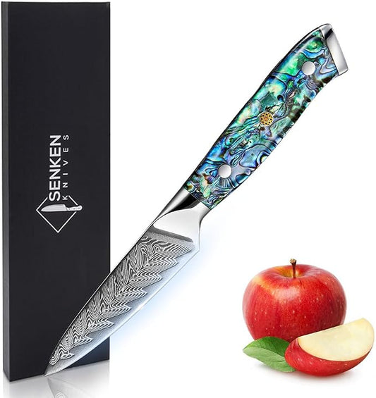 SENKEN Damascus Steel 3.5" Paring Knife with Real Deep-Sea Abalone Shell Handle - Damascus Peeling Knife - 67-Layer Japanese VG10 Forged Steel Blade, Integrated Full-Tang Molding (3.5" Paring Knife)