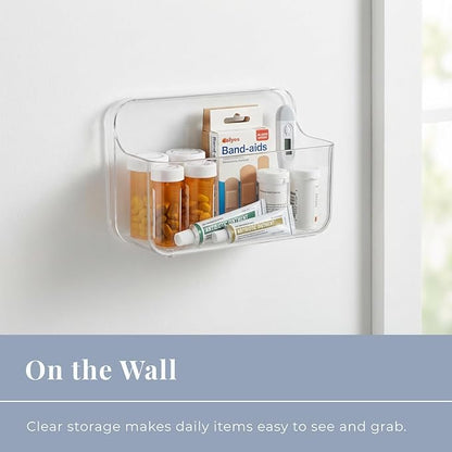 No-Drill Wall Organizer Bin – Clear Removable Adhesive Storage Box with Drain Holes, PET Plastic, Ideal for Small Items in Kitchen, Bathroom, Cabinet Door – Sandra Series