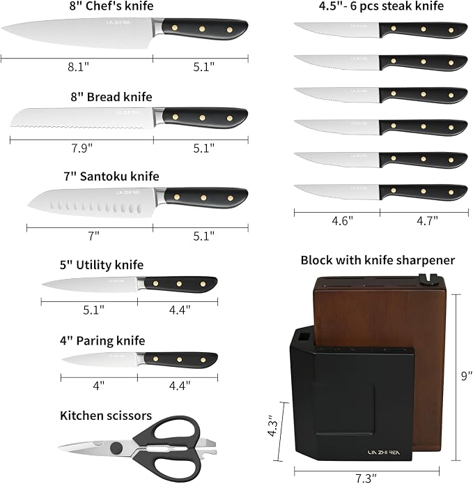 14-Piece Kitchen Knife Set with Detachable Block, High Carbon Stainless Steel Dishwasher Safe Knives, Includes Chef, Santoku, Bread, Steak Knives for Home Kitchen, Black