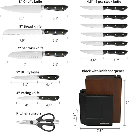 14-Piece Kitchen Knife Set with Detachable Block, High Carbon Stainless Steel Dishwasher Safe Knives, Includes Chef, Santoku, Bread, Steak Knives for Home Kitchen, Black