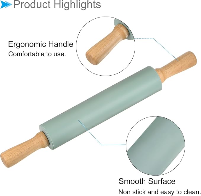 Silicone Rolling Pins, 17" Length, Silicone & Oak Non-Stick Ergonomic Wooden Handle Fondant Dough Roller Dark Green - (Applications: for Baking DIY Projects)