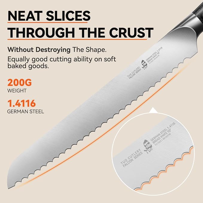 TUO Bread Knife, 10 inch Upgraded Serrated Knife for Homemade Sourdough Bread, High Carbon German Steel with Ergonomic Handle, Gift Box - Falcon Series