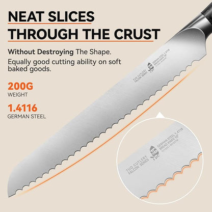TUO Bread Knife, 10 inch Upgraded Serrated Knife for Homemade Sourdough Bread, High Carbon German Steel with Ergonomic Handle, Gift Box - Falcon Series