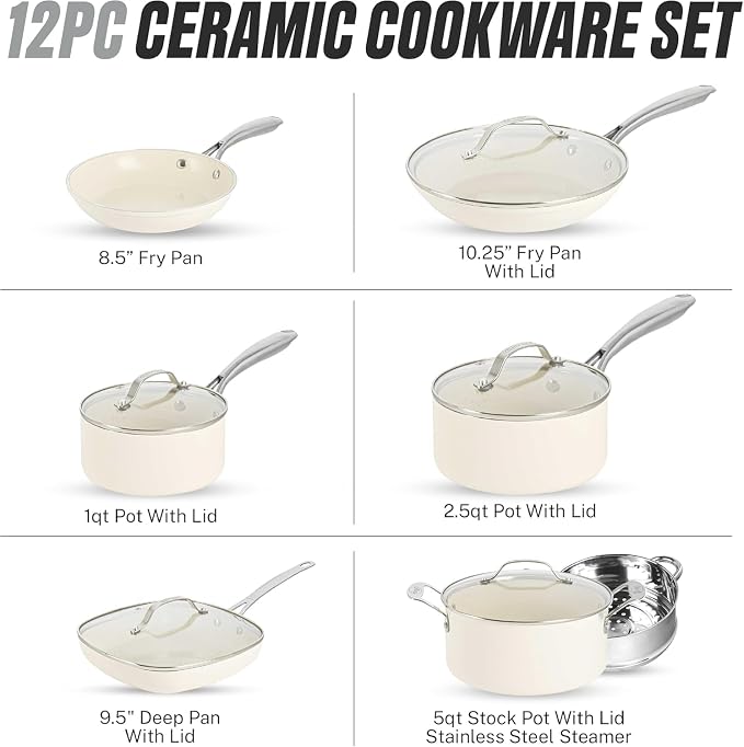 Gotham Steel 12 Pc Ceramic Cookware Set Nonstick, Ceramic Pots and Pans Set Non Stick with Steamer for Cooking, Non Toxic PFOA PFOS Free, Premium Stay Cool Handles, Oven & Dishwasher Safe