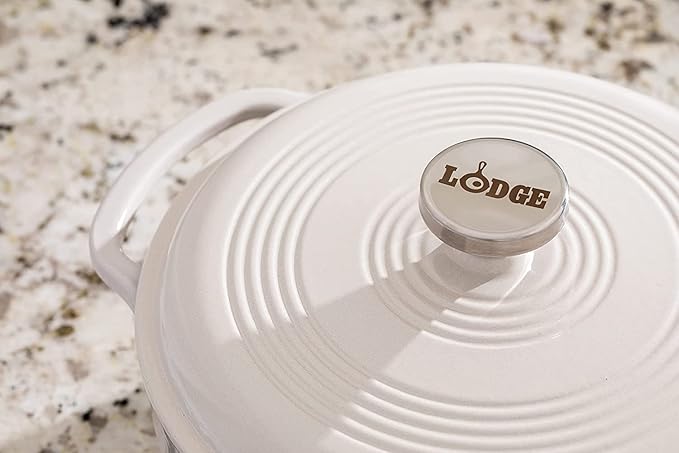 Lodge Essential Enamel Cast Iron Dutch Oven with Lid 7.5 Quart - Induction- Oven-Safe Enamel Cookware up to 500° F - Heat-Retaining Braising & Roasting Pot - Non-Toxic Cookware - Oyster White