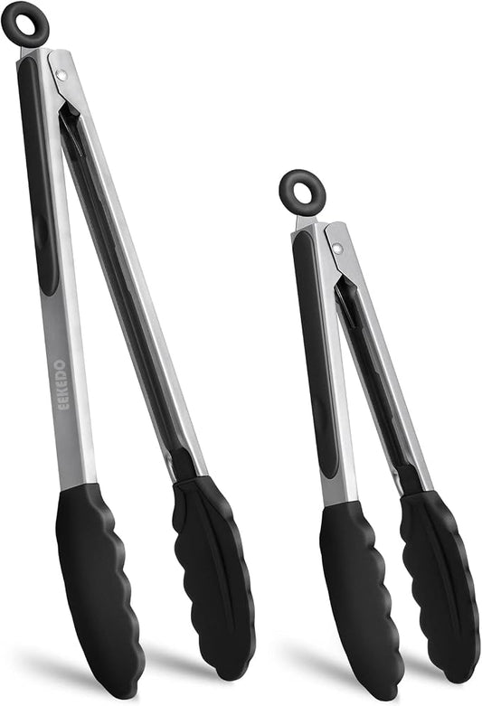 Tongs for Cooking, 600ºF High Heat-Resistant Stainless Steel Kitchen Tongs with Silicone Tips, Non Scratch, Locking Tong for BBQ Grilling Air Fryer Food Salads, Set of 2 (9" and 12") Black