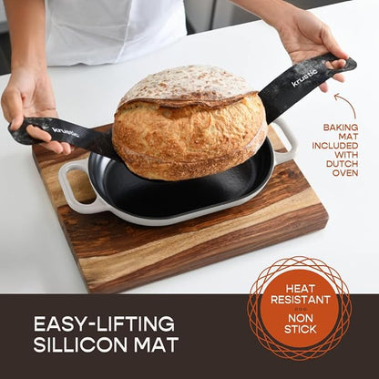 Krustic Enameled Cast Iron Dutch Oven for Professional Sourdough Bread Baking | 5.5 Quart Loaf Size Oval Cookware Pot with Lid | Triple-Layer Enamel Coating Pan with Non Stick Silicone Mat | White