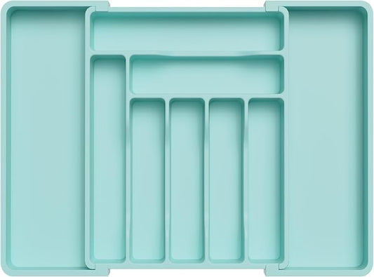 Lifewit Utensil Organizer for Kitchen Drawer, Expandable Cooking Silverware Tray, Adjustable Cutlery Flatware Holder, Plastic Spatula Tools Storage Divider, 13-22.4 x 15", Turquoise