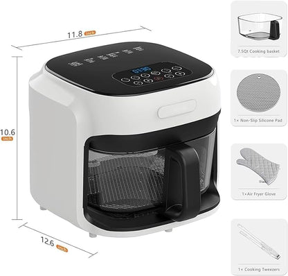 7.3QT Glass Air Fryer with See-Through Bowl, 360° Hot Air Circulation, 5 Presets, 1200W Fast Heating, Dishwasher Safe (White)