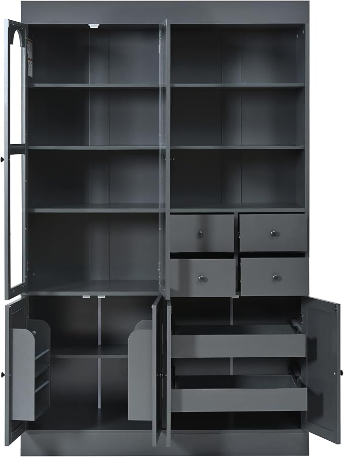 VilroCaz 75'' Tall Freestanding Kitchen Pantry Cabinet, Wood Large Cupboard Storage Buffet with Hutch, 4 Drawers, Door Shelves and Pull-Out Trays for Dining Room, Living Room (Gray-10.13)