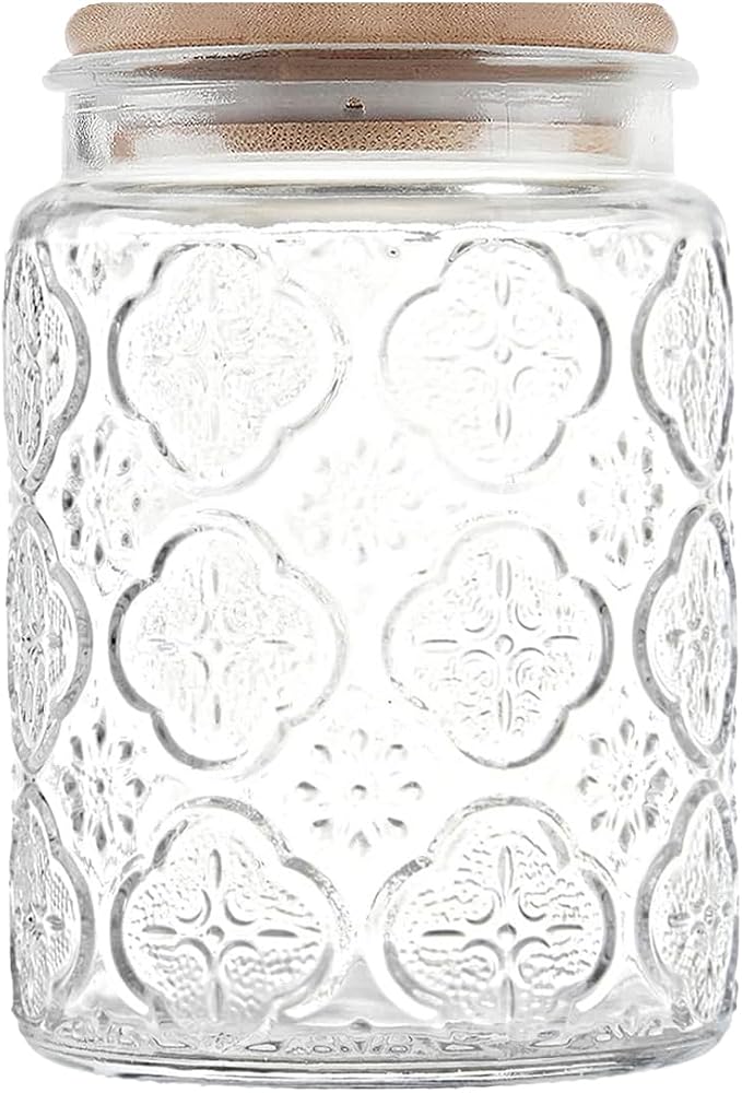 Custde Glass Storage Jars With Airtight Lid, 23.7oz Canister For Kitchen Counter with Bamboo Lid, brown sugar, candy, coffee, cookie, salt, tea,pantry cute Jar (Begonia Flowers*1)