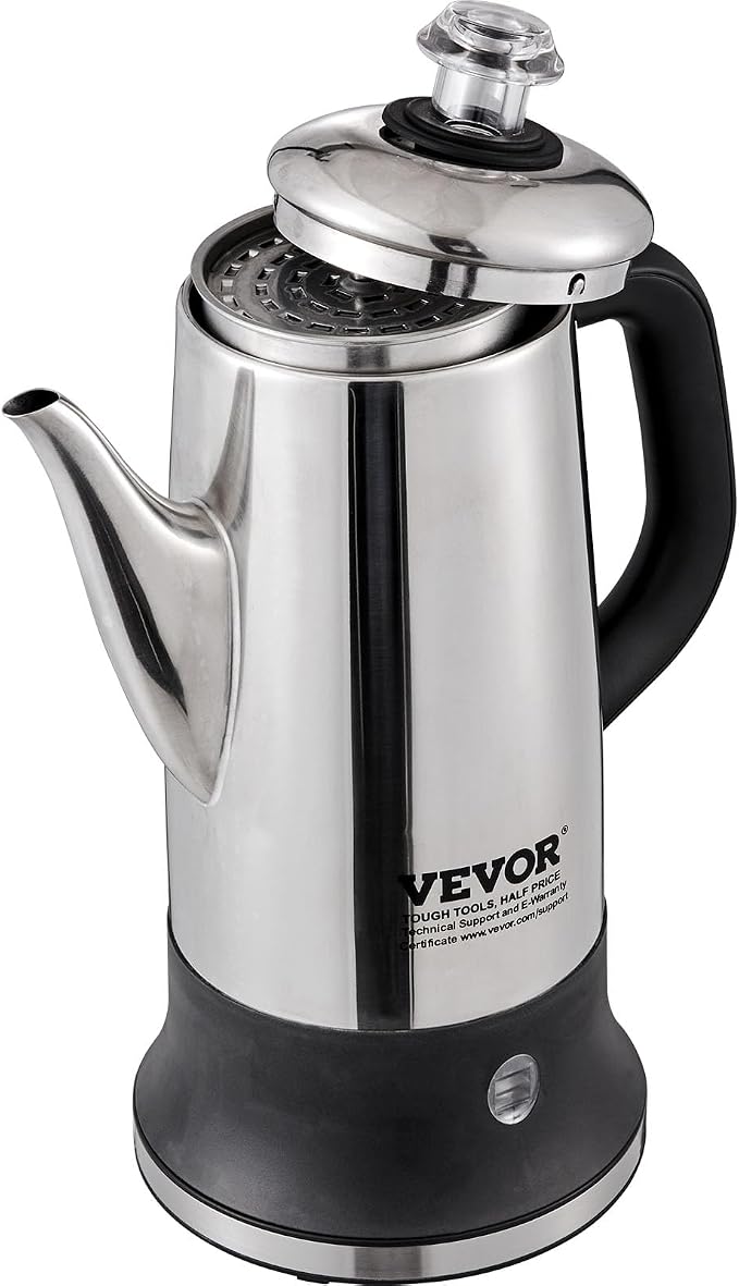 VEVOR 12-Cup Electric Percolator Coffee Pot, 304 Stainless Steel Body Coffee Percolator with Keep Warm Function & Heat-Resistant Handle, Classic Coffee Maker, Quick Brew & Easy-Pour Spout, Silver