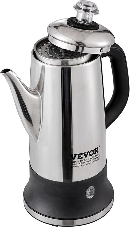 VEVOR 12-Cup Electric Percolator Coffee Pot, 304 Stainless Steel Body Coffee Percolator with Keep Warm Function & Heat-Resistant Handle, Classic Coffee Maker, Quick Brew & Easy-Pour Spout, Silver