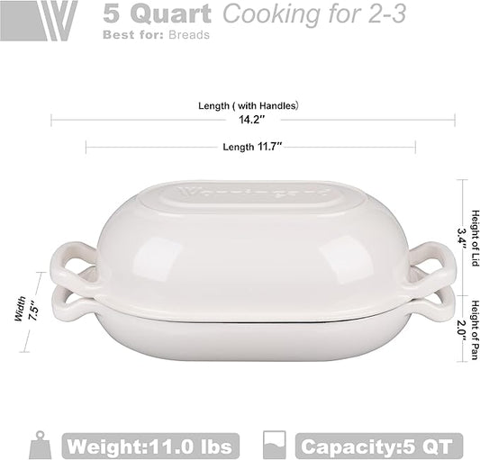 VORRINGARD Enameled Cast Iron Sourdough Bread Oven, Dutch Oven, Loaf Cast Iron Bread Pan for Homemade Bread Baking, Meatloaf Pan with Lid, 5QT, White