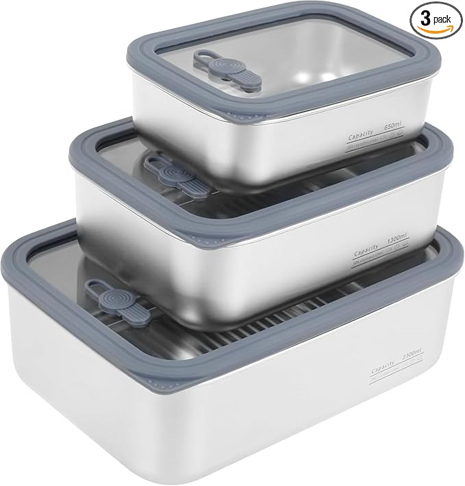Stainless Steel Food Storage Containers-3Pcs Leakproof, Airtight Stainless Steel Bowls with Lids, Freezer/Dishwasher/Microwave Safe Containers, Durable & Stackable Stainless Steel Containers with Lids