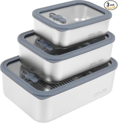 Stainless Steel Food Storage Containers-3Pcs Leakproof, Airtight Stainless Steel Bowls with Lids, Freezer/Dishwasher/Microwave Safe Containers, Durable & Stackable Stainless Steel Containers with Lids