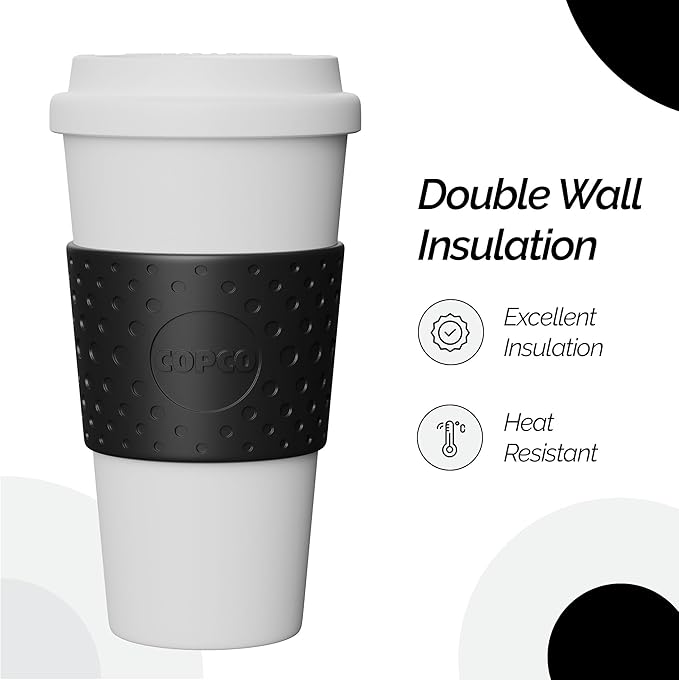 Copco Acadia 16oz Travel Mug - Double-Wall Insulated Tumbler, Non-Slip Sleeve & BPA-Free - Microwave & Dishwasher Safe, Reusable Plastic Coffee Mug for Office & Travel (Black)