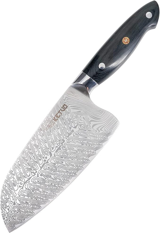 Ketuo Professional Chef Knife Damascus Carbon Steel with Laser Pattern Blade and Black Pakka Wood (7 Inch Cleaver Knife)