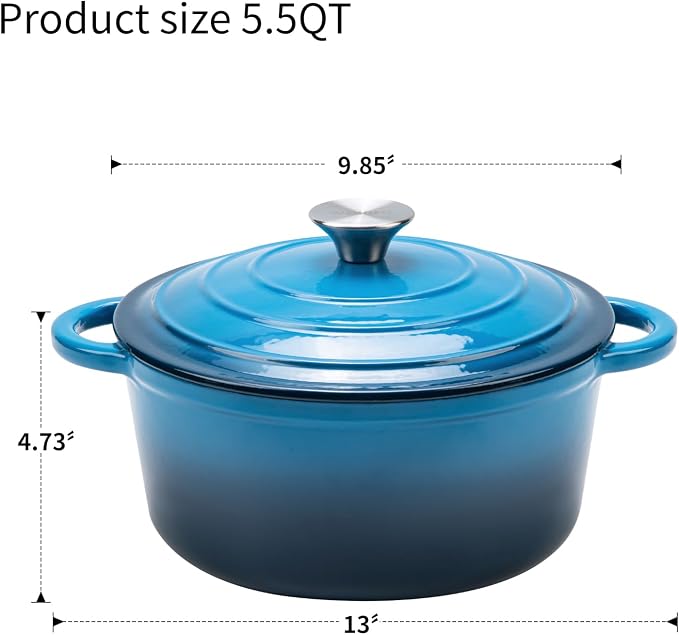 Enameled Cast Iron Dutch Oven - 5.5QT Pot with Lid,Oven Safe to 500°F,Heavy-Duty Cookware for Sourdough Bread Baking,Braising,Stews,Roasting Blue