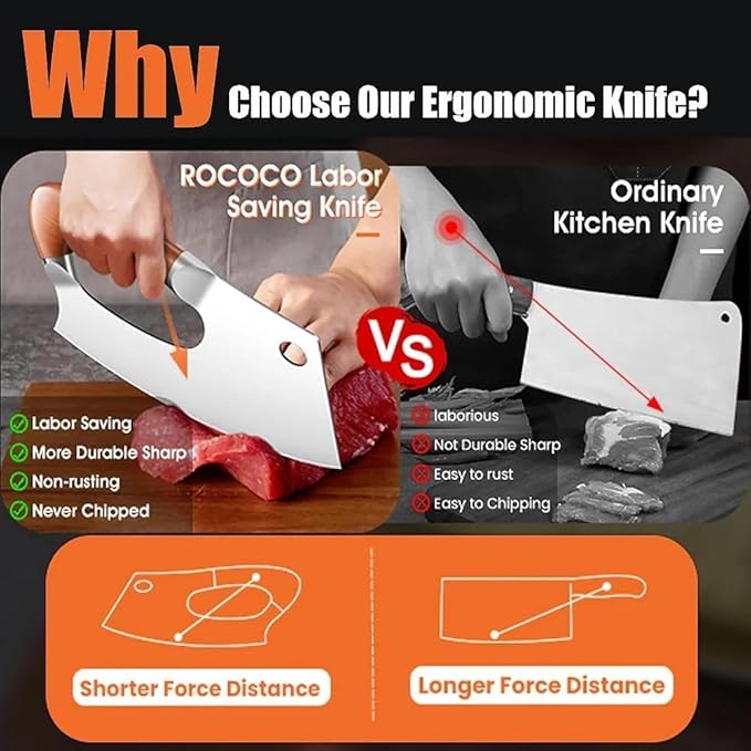 ROCOCO Easy Handle Meat Cleaver - Effort Saving Chef Knife Unique Professional for Kitchen Cutting Meat Vegetable Birthday Gift Red Stainless Steel