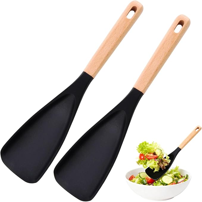 2PCS Cedar and Ash Spoonula,Multifunction Spatula Cooking Spoon,Non stick Flat Serving Spoons, Heat Resistant Kitchen Cucharras for Mixing, Stiring, Scooping, Scraping, Bastin (Black)
