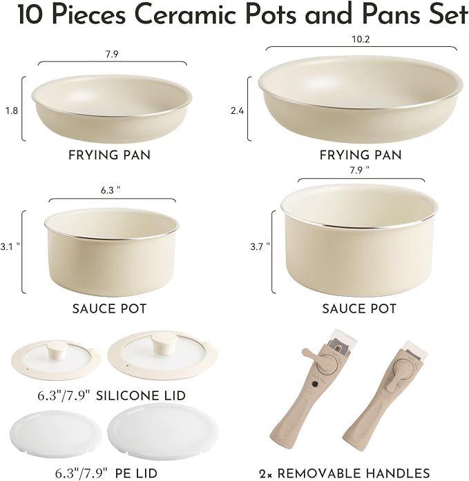 Heapsion 10-Piece Ceramic Nonstick Cookware Set, PFAS/PFOA/PTFE-Free & Non-Toxic Pots and Pans Set with Detachable Handles, Dishwasher Safe & Induction Compatible for Kitchen & RV Cooking