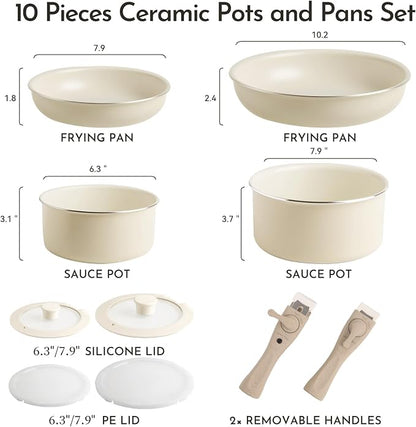 Heapsion 10-Piece Ceramic Nonstick Cookware Set, PFAS/PFOA/PTFE-Free & Non-Toxic Pots and Pans Set with Detachable Handles, Dishwasher Safe & Induction Compatible for Kitchen & RV Cooking