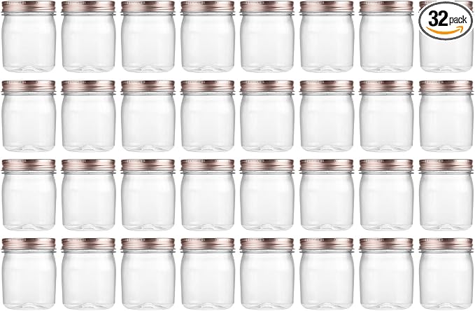 novelinks 8 oz Clear Plastic Jars with Airtight Lids, 32 Pack Plastic Mason Jars with Lids 8oz, Refillable Storage Slime Containers & Small Spice Jar for Kitchen Organization (32 Pack,Rose Gold)