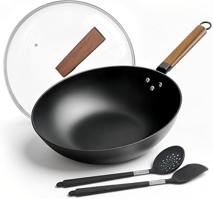 Carbon Steel Wok, New Chinese-Style Pan with lid, 13 Inch carbon steel woks & stir-fry pans nonstick, Suitable for Induction Cooktops, Electric Stoves, and Gas Ranges