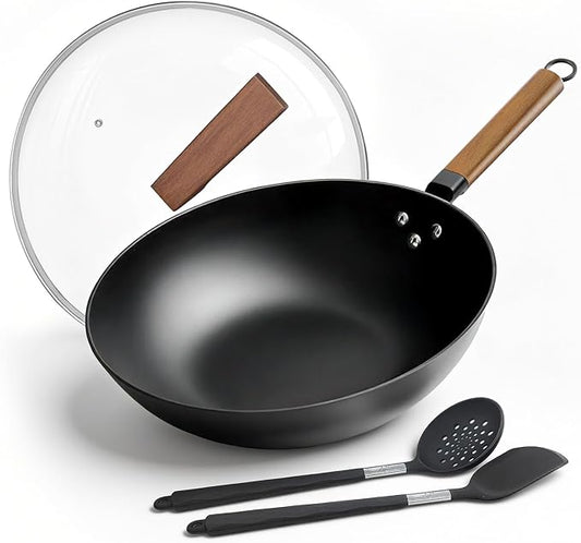 Carbon Steel Wok, New Chinese-Style Pan with lid, 13 Inch carbon steel woks & stir-fry pans nonstick, Suitable for Induction Cooktops, Electric Stoves, and Gas Ranges