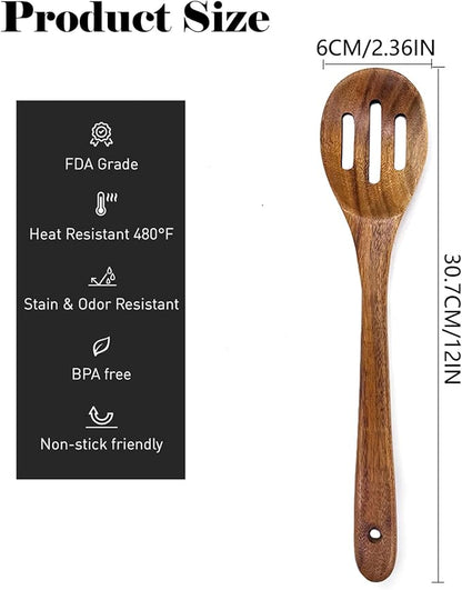 12 Inch Large Acacia Wooden Spoon, Slotted Spoon with Hole Cooking Spoon, Non-Stick Kitchen Utensils for Mixing, Stirring, Serving & Baking ﻿