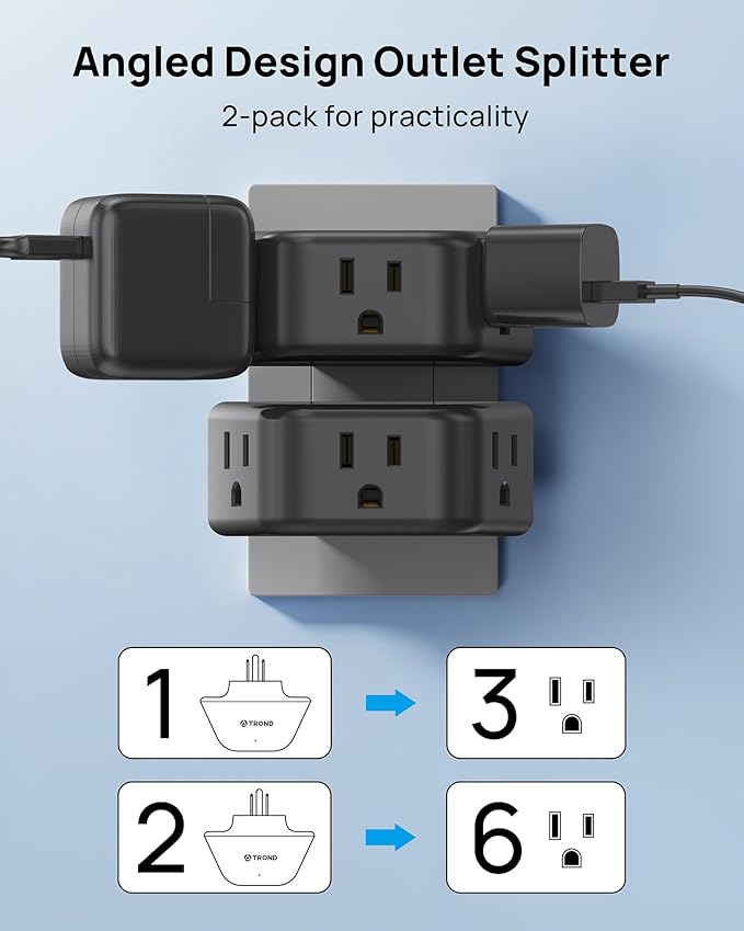 TROND 2 Pack Outlet Extender with 360 Rotating Plug, 3 Way Angled Wall Plug Adapter, Small Multiple Outlet Splitter for Bathroom Kitchen Cruise Ship Travel Essentials, Black
