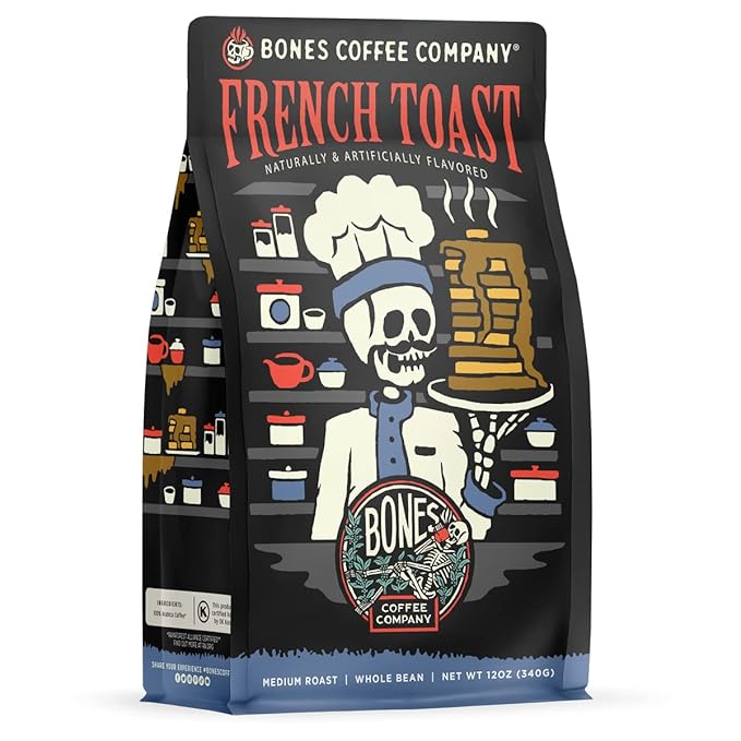 Bones Coffee Company French Toast, Sweet and Buttery Flavored Coffee, Medium Roast Low Acid Arabica Beans Compatible with Auto drip and French Press Coffee Maker, 12 Oz Ground
