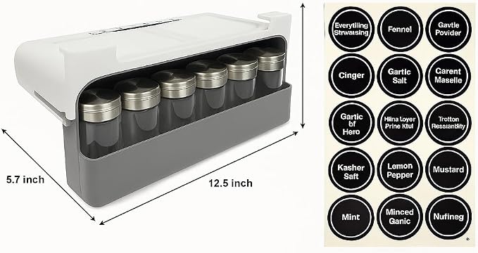 SpiceSpace Organizer Set – Under-Shelf Mounted Rack with 6 Glass Spice Jars & 18 Preprinted Labels – Minimalist Space-Saving Spice Rack for Pantry, Cabinet, or Kitchen Shelf