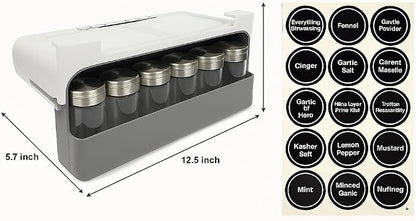 SpiceSpace Organizer Set – Under-Shelf Mounted Rack with 6 Glass Spice Jars & 18 Preprinted Labels – Minimalist Space-Saving Spice Rack for Pantry, Cabinet, or Kitchen Shelf