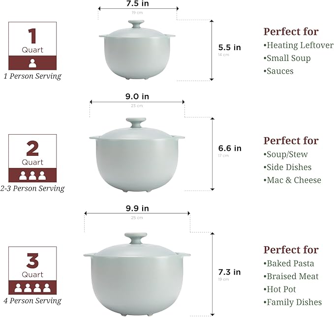 MINH LONG 1-Qt Porcelain Dutch Oven with Lid – Lead & Cadmium Free, Oven Safe to 482°F, Heat Retention, Clay Pot for Cooking on Gas & Infrared Cooktop, Use to Marinate, Cook, Bake, Refrigerate & Serve