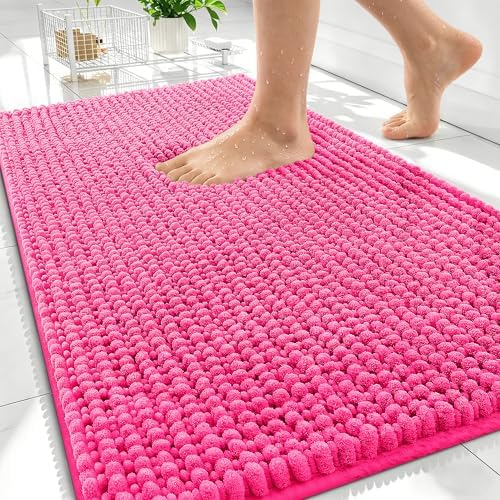 OLANLY Thick Chenille Absorbent Bathroom Rugs Mat 30x20, Hot Pink