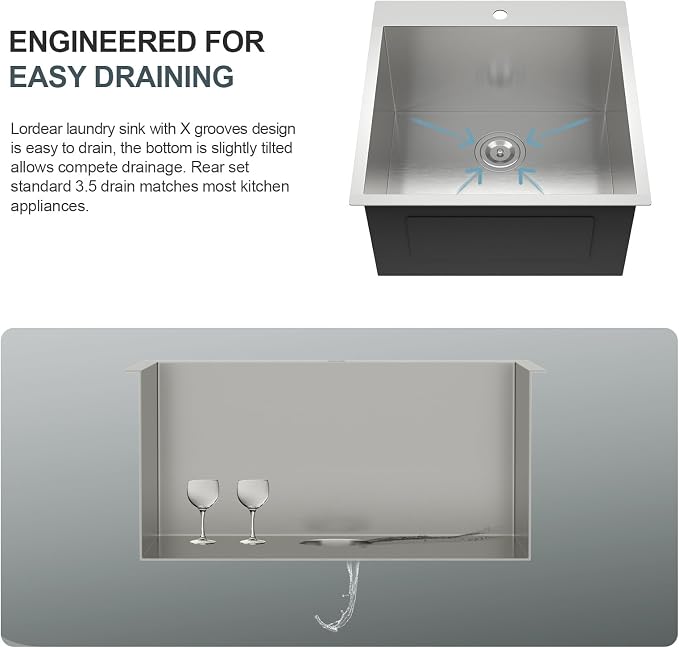 Lordear Drop In Laundry Sink with Faucet 22"x22"x12" Topmount Utility Sink 16 Gauge Stainless Steel Single Bowl for Laundry Room