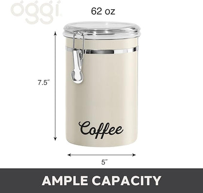 Oggi Stainless Steel Coffee Canister 62 fl oz - Airtight Clamp Lid, Warm Gray, Tinted See-Thru Top - Ideal for Coffee Bean Storage, Ground Coffee Storage, Kitchen Storage, Pantry Storage. 5 x 7.5