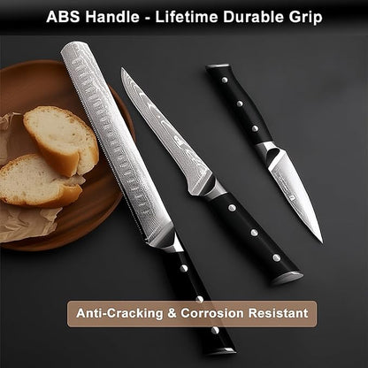 5-Piece Damascus Chef Knife Set: High Carbon Stainless Steel, Professional Ultra Sharp Kitchen Knife Set with Ergonomic Black Handle - Chef/Santoku/Paring/Bread/Brisket/Boning Knives in Gift Box